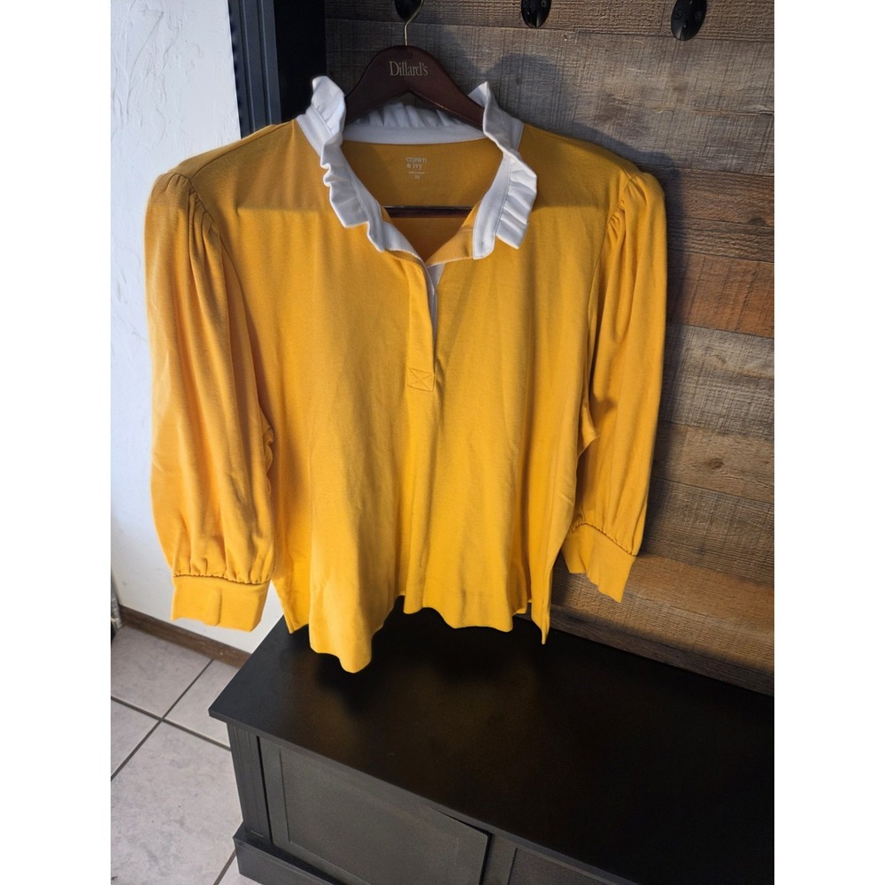 Crown & Ivy Yellow 3X Plus Knit Polo Top, Collared Ruffle, 3/4 Puff Sleeve fall